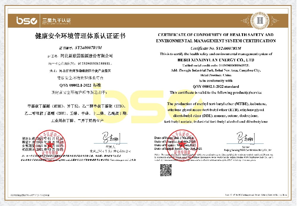 CERTIFICATE OF CONFORMITY OF HEALTH SAFETY AND ENVIRONMENTAL MANAGEMENT SYSTEM CERTIFICATION